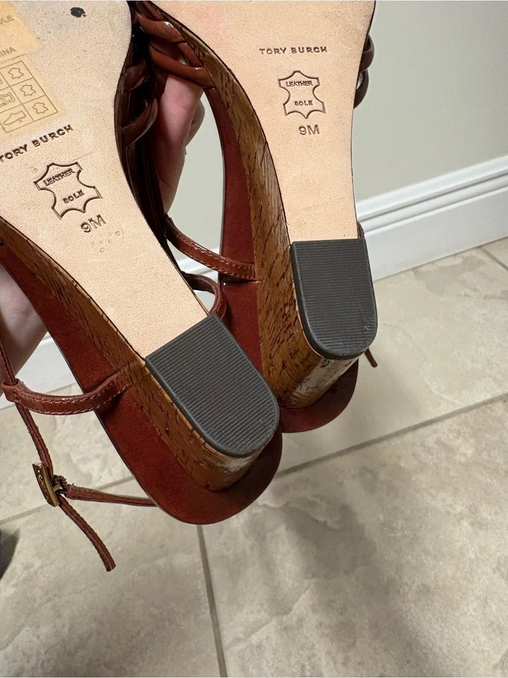Tory Burch Burgundy Patent Leather Strappy Cork Wedge Sandals
